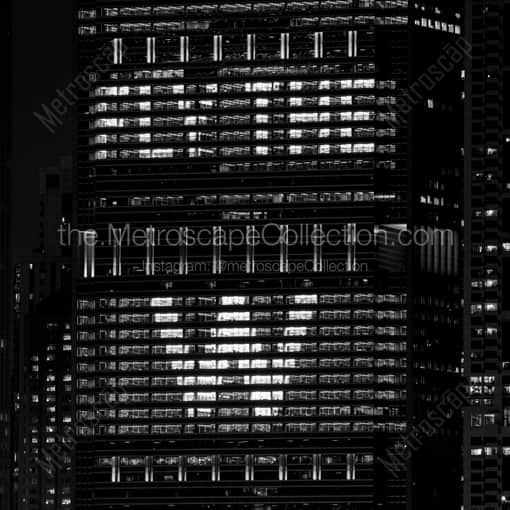Matte Black WOOD Framed Black and White Chicago Photograph: The FLY-THE-W Message in the Anthem Building at Night in a Square Matte Black Wood Frame