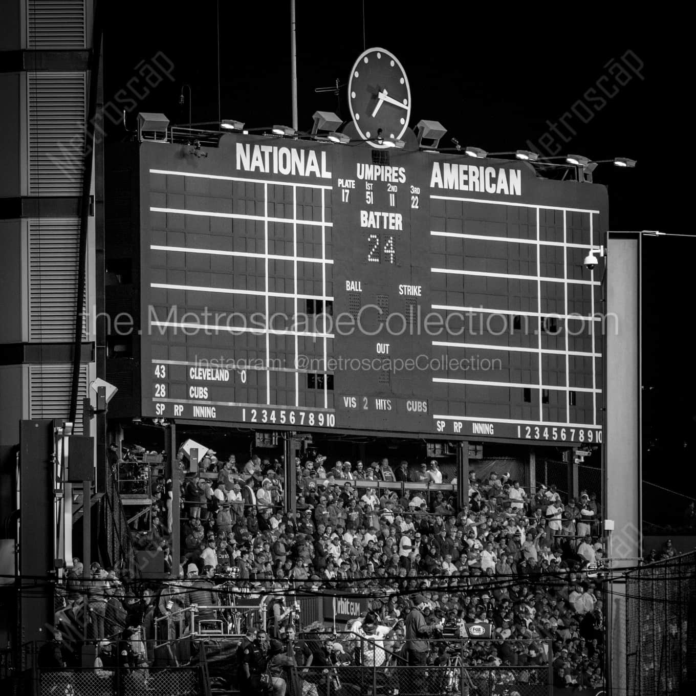 The Wrigley Field Scoreboard during the 2016 World Series landscape black and white Photography The Wrigley Field Scoreboard during the 2016 World Series landscape black and white Photography square crop