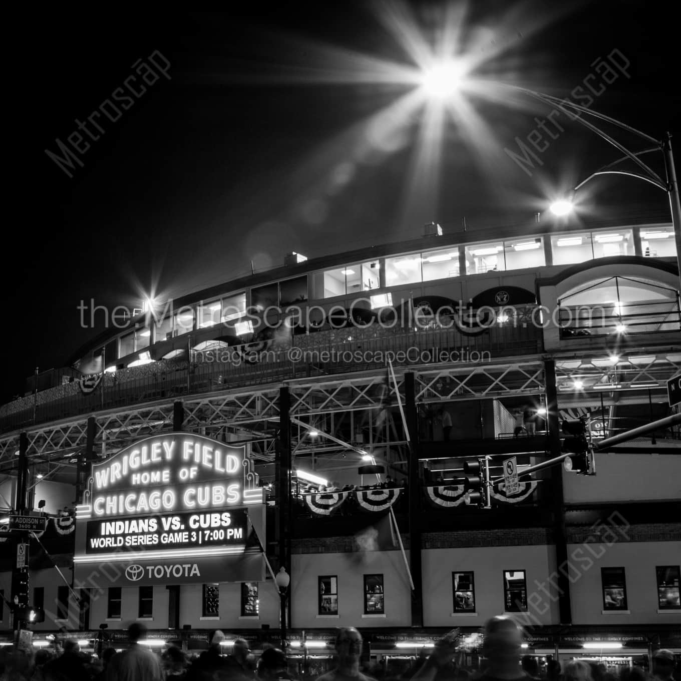 Wrigley Field at Night for Game 3 of 2016 World Series landscape black and white Photography Wrigley Field at Night for Game 3 of 2016 World Series landscape black and white Photography square crop