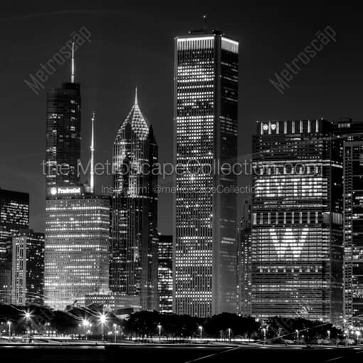 Matte Black WOOD Framed Black and White Chicago Photograph: Cubs FLY-THE-W Message in Chicago Skyline in a Square Matte Black Wood Frame