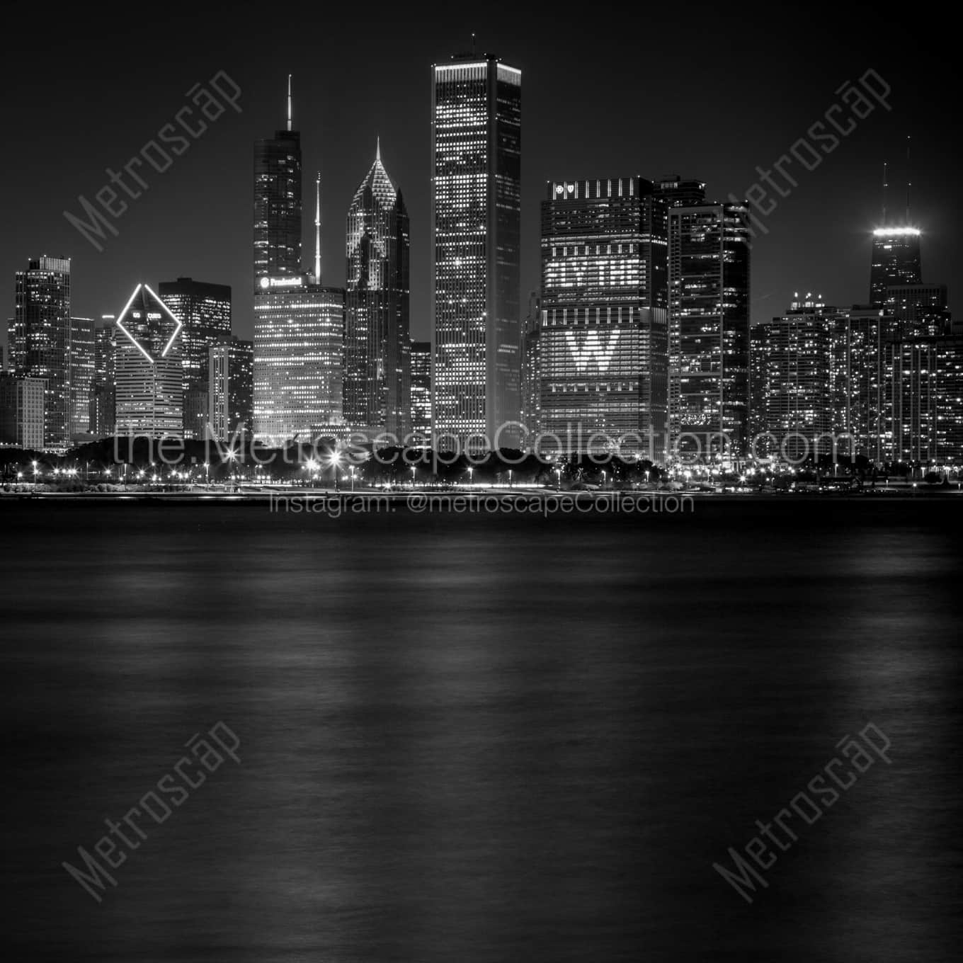 The Chicago Skyline Glistens during the 2016 World Series landscape black and white Photography square crop