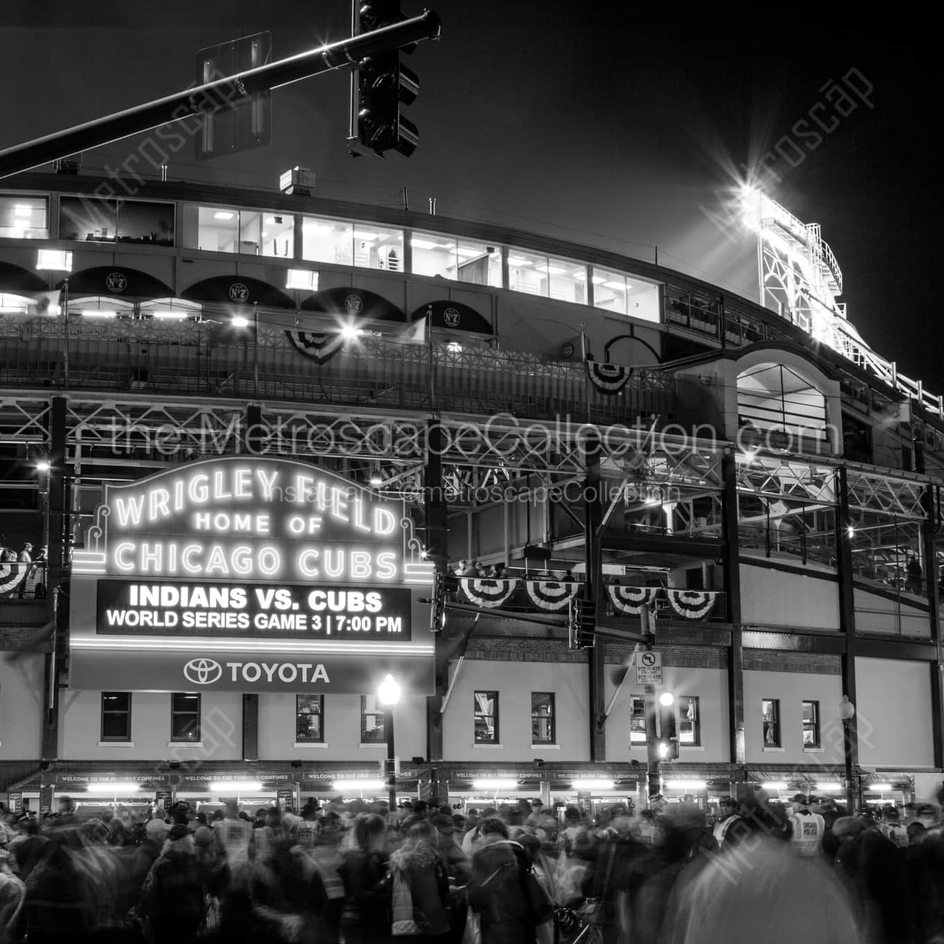 Wrigley Field and Wrigleyville at Night during the 2016 World Series landscape black and white Photography square crop