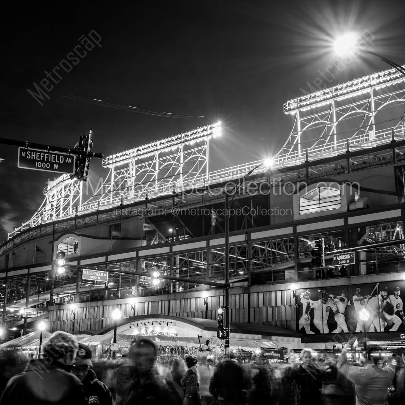 Wrigley Field at Night landscape black and white Photography square crop