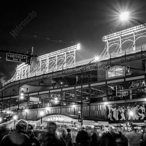 Matte Black WOOD Framed Black and White Chicago Photograph: Wrigley Field at Night in a Square Matte Black Wood Frame