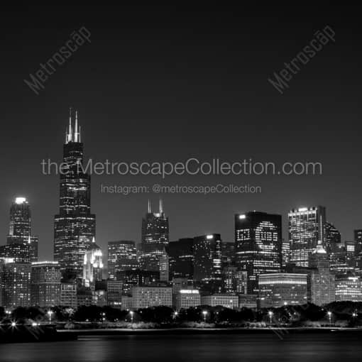 Matte Black WOOD Framed Black and White Chicago Photograph: The Sears Tower and Go Cubs in the Chicago Skyline in a Square Matte Black Wood Frame