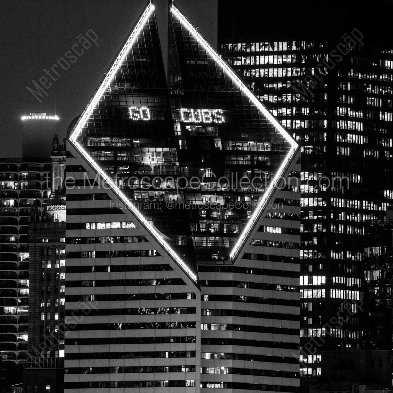 Go Cubs in the Smurfit-Stone Building at Night landscape black and white Photography Go Cubs in the Smurfit-Stone Building at Night landscape black and white Photography square crop