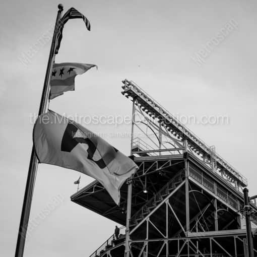 Matte Black WOOD Framed Black and White Chicago Photograph: A W Flag on Waveband behind Wrigley Field in a Square Matte Black Wood Frame