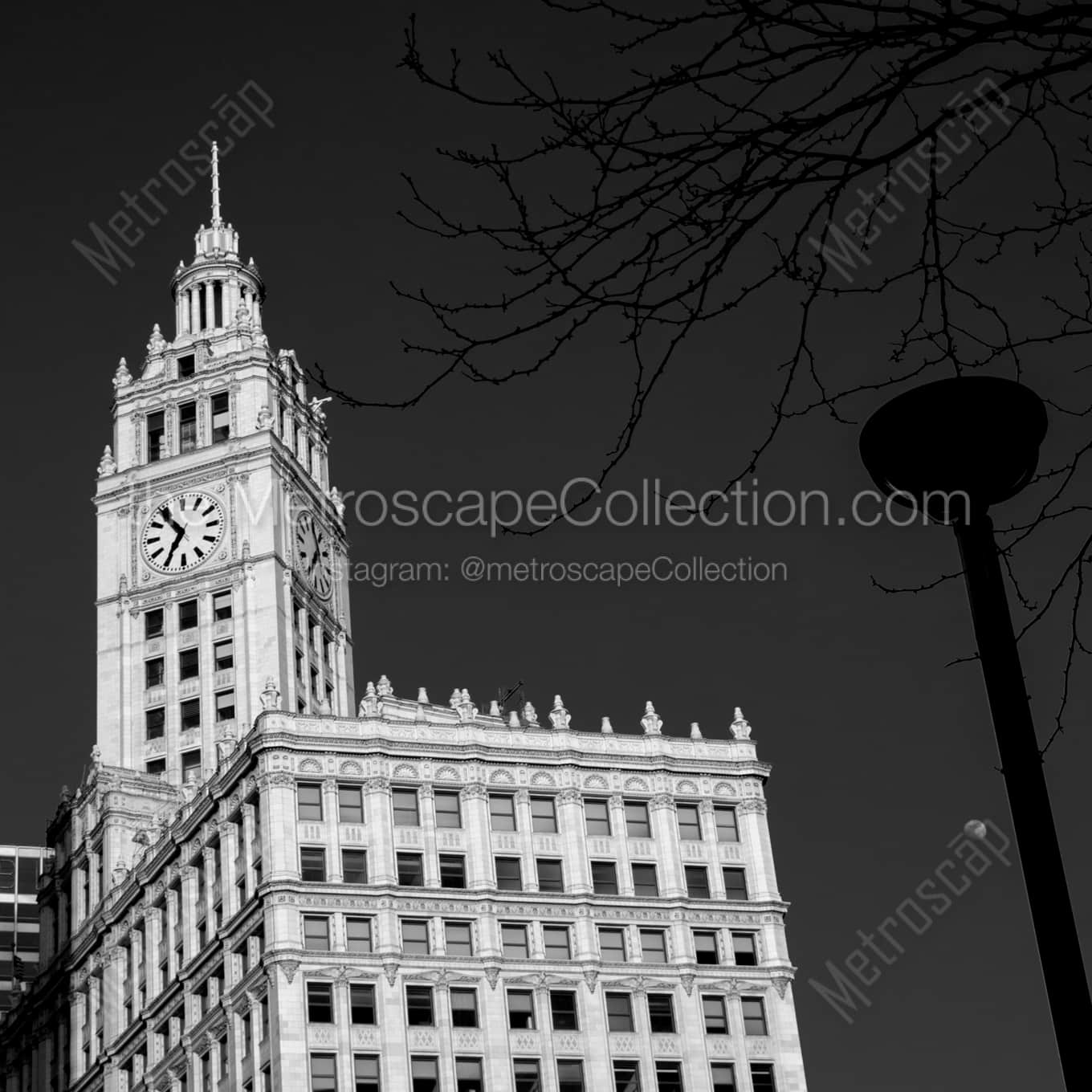 6:54pm on the Wrigley Building landscape black and white Photography square crop