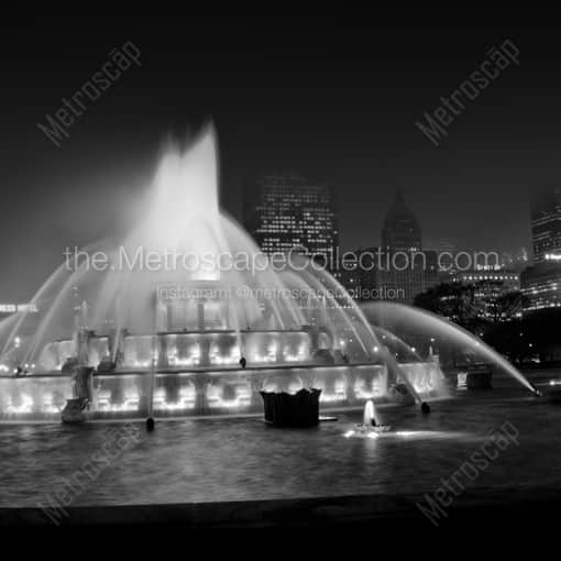 Matte Black WOOD Framed Black and White Chicago Photograph: Buckingham Fountain in Grant Park on a Foggy Night in a Square Matte Black Wood Frame