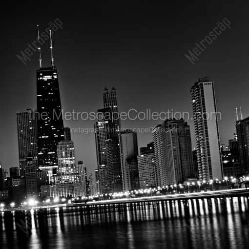 Matte Black WOOD Framed Black and White Chicago Photograph: The John Hancock Building from North Avenue Beach. in a Square Matte Black Wood Frame