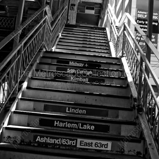 Matte Black WOOD Framed Black and White Chicago Photograph: Chicago 'El' Train Stairs in a Square Matte Black Wood Frame