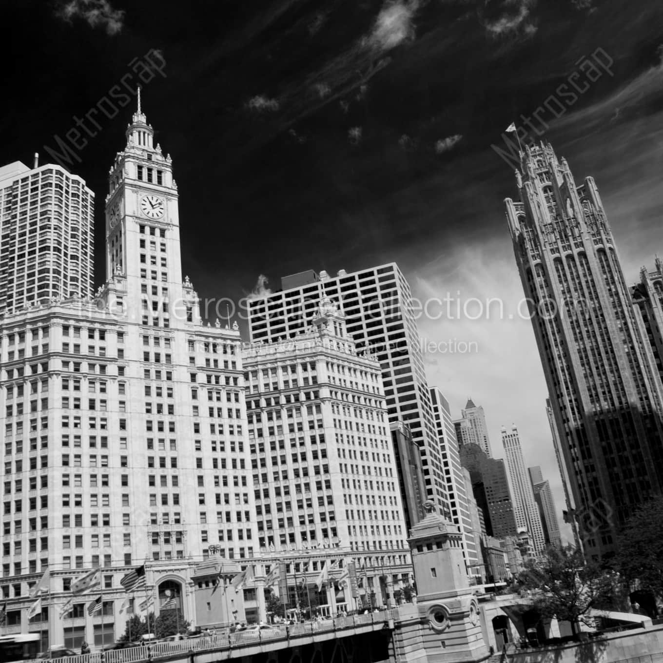 Magnificent Michigan Avenue and the Tribune and Wrigley Buildings landscape black and white Photography Magnificent Michigan Avenue and the Tribune and Wrigley Buildings landscape black and white Photography square crop