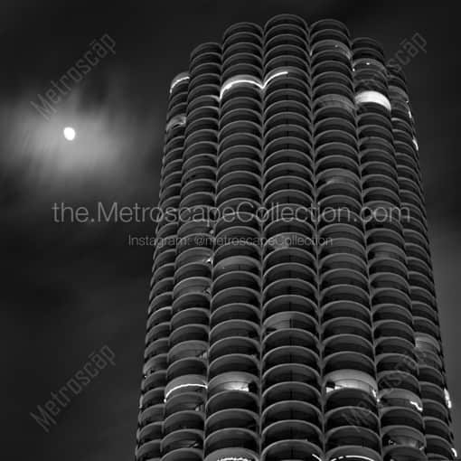 Matte Black WOOD Framed Black and White Chicago Photograph: A Cloudy Waxing Gibbous Moon Behind the Marina City Towers in a Square Matte Black Wood Frame