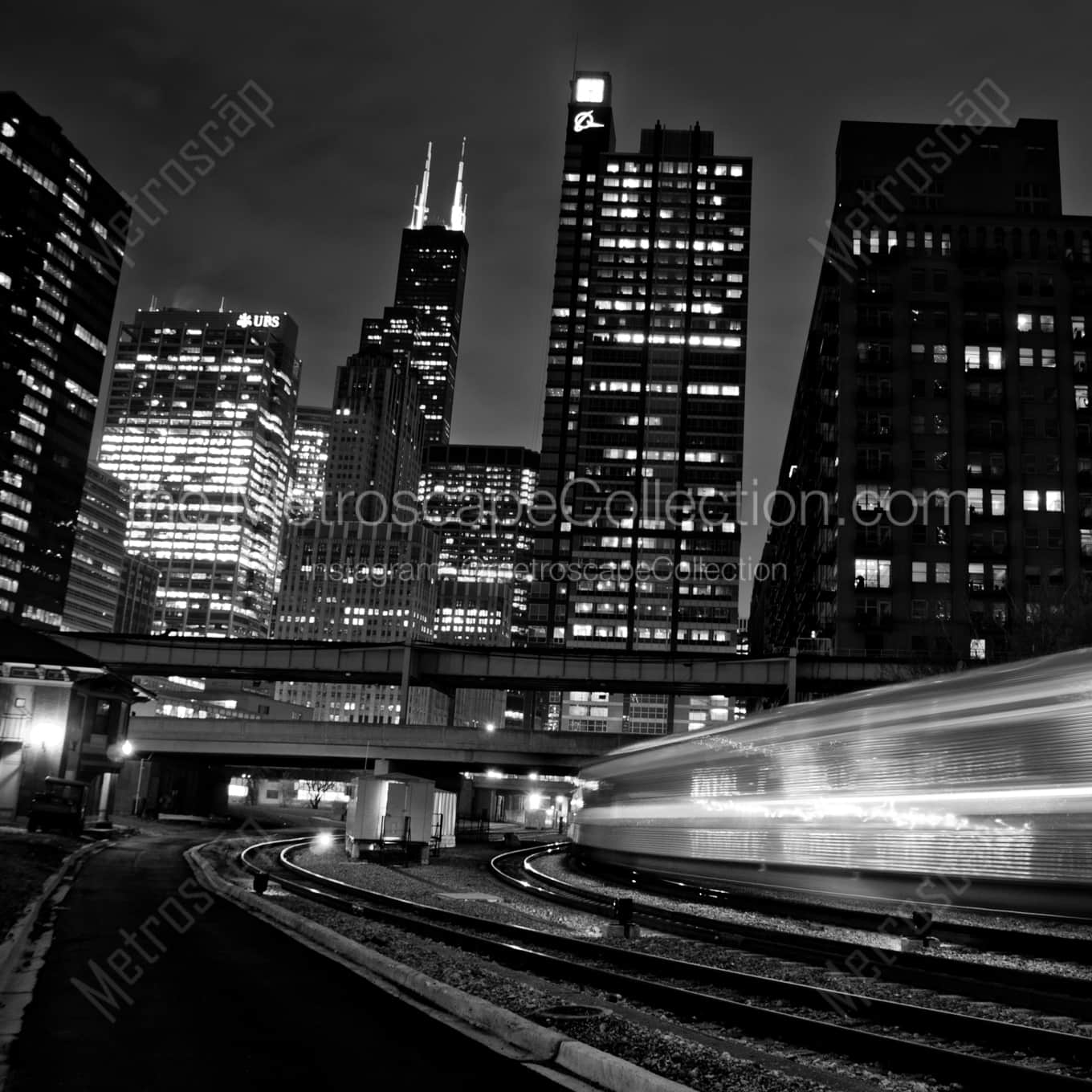 A Metra Train Arrives in Chicago from Milwaukee landscape black and white Photography square crop