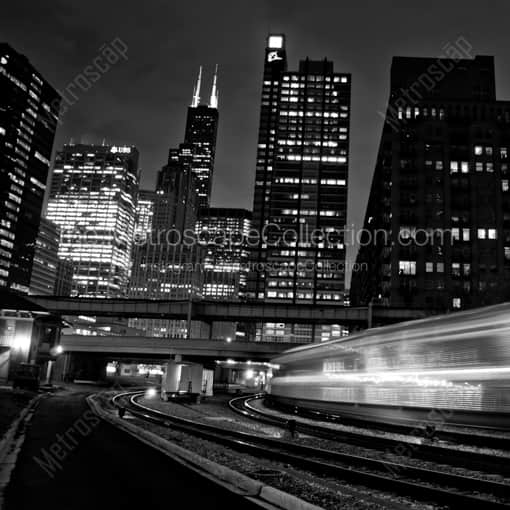 Matte Black WOOD Framed Black and White Chicago Photograph: A Metra Train Arrives in Chicago from Milwaukee in a Square Matte Black Wood Frame