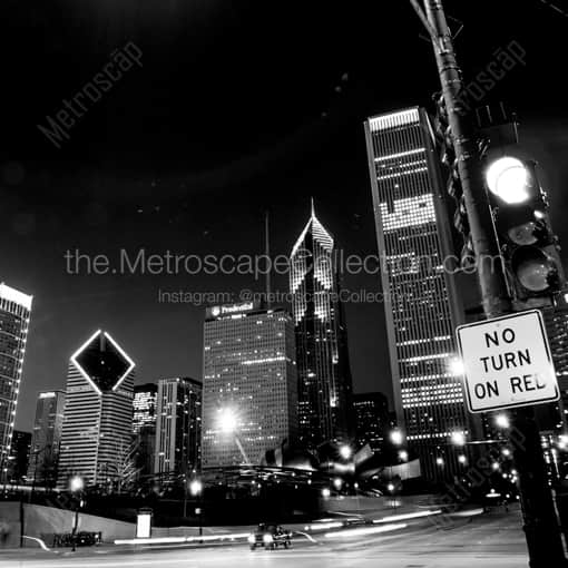 Matte Black WOOD Framed Black and White Chicago Photograph: No Turn on Red at Columbus Drive and Monroe Street in a Square Matte Black Wood Frame