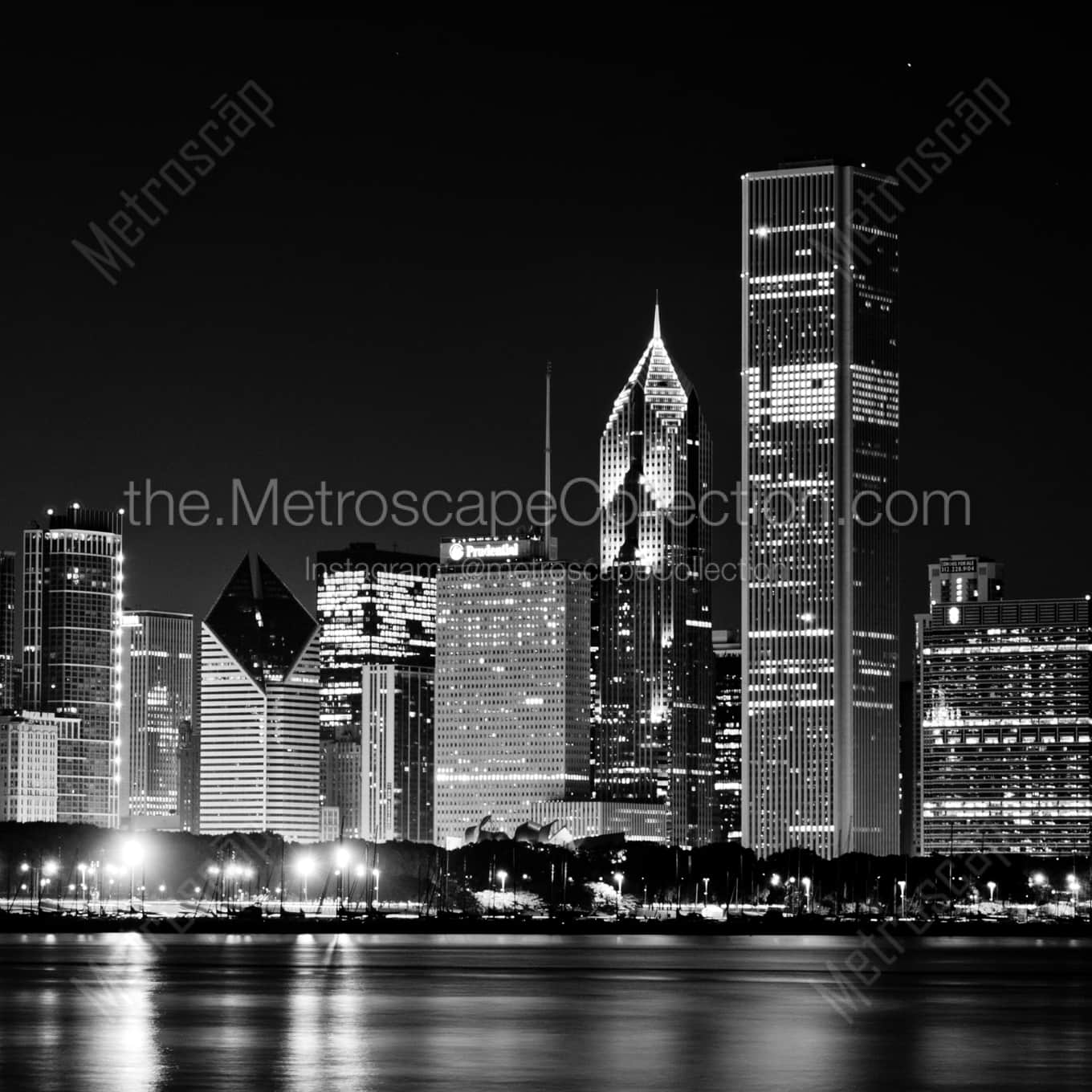 The Chicago Skyline featuring the AON Center, Prudential Buildings and the Smurfit-Stone Building landscape black and white Photography The Chicago Skyline featuring the AON Center, Prudential Buildings and the Smurfit-Stone Building landscape black and white Photography square crop