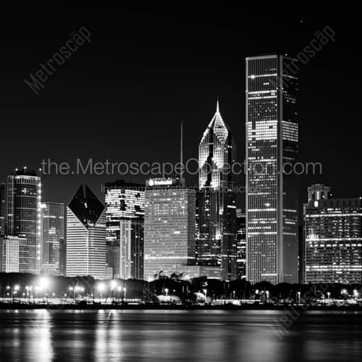 Matte Black WOOD Framed Black and White Chicago Photograph: The Chicago Skyline featuring the AON Center, Prudential Buildings and the Smurfit-Stone Building in a Square Matte Black Wood Frame