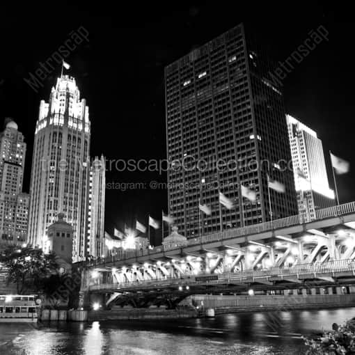 Matte Black WOOD Framed Black and White Chicago Photograph: The Michigan Avenue Bridge at Night in a Square Matte Black Wood Frame