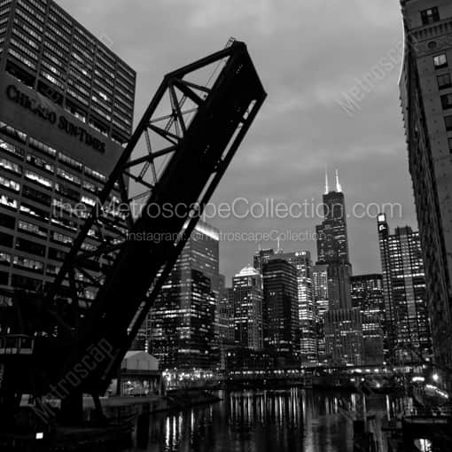 Matte Black WOOD Framed Black and White Chicago Photograph: The Chicago Skyline from the Kinzie Street Bridge in a Square Matte Black Wood Frame