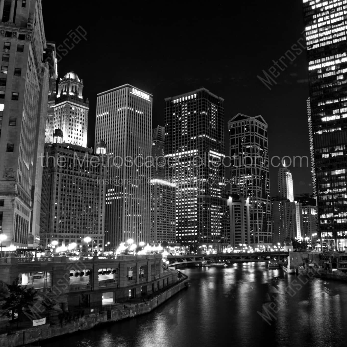 Wacker Drive along the South Bank of the Chicago River landscape black and white Photography square crop