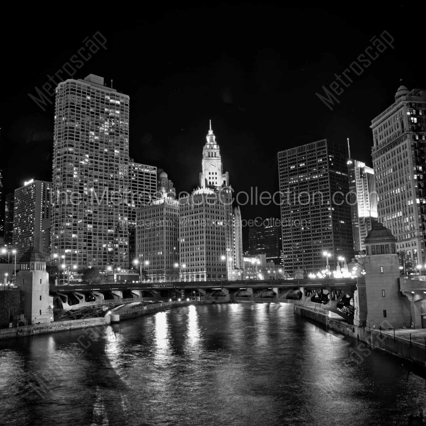 The Wrigley Building and Chicago River at Night landscape black and white Photography square crop