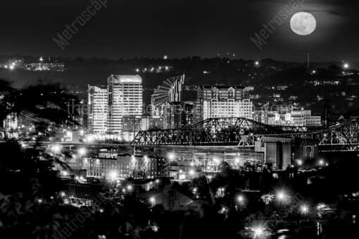 Cincinnati Black and White Photography of A Nearly Full Moon over Downtown Covington Kentucky A Nearly Full Moon over Downtown Covington Kentucky -- Cincinnati Black and White Photography