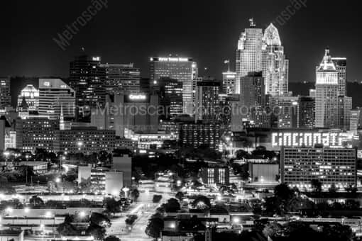 Cincinnati Black and White Photography of Downtown Cincinnati at Night from the Westside Downtown Cincinnati at Night from the Westside -- Cincinnati Black and White Photography