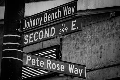 Cincinnati Black and White Photography of Johnny Bench Way and Pete Rose Way Intersection Johnny Bench Way and Pete Rose Way Intersection -- Cincinnati Black and White Photography