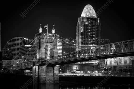 Cincinnati Black and White Photography of The Roebling Bridge and New Queen City Tower The Roebling Bridge and New Queen City Tower -- Cincinnati Black and White Photography