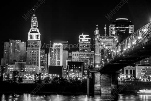Cincinnati Black and White Photography of The Cincinnati Skyline from Covington featuring the Roebling Bridge The Cincinnati Skyline from Covington featuring the Roebling Bridge -- Cincinnati Black and White Photography