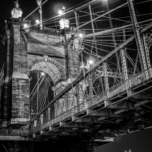 Matte Black WOOD Framed Black and White Cincinnati Photograph: The Roebling Bridge at Night in a Square Matte Black Wood Frame