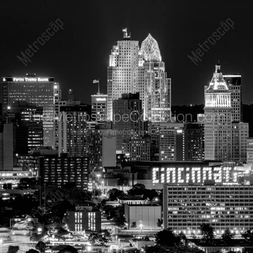 Matte Black WOOD Framed Black and White Cincinnati Photograph: Downtown Cincinnati from the Incline District in a Square Matte Black Wood Frame