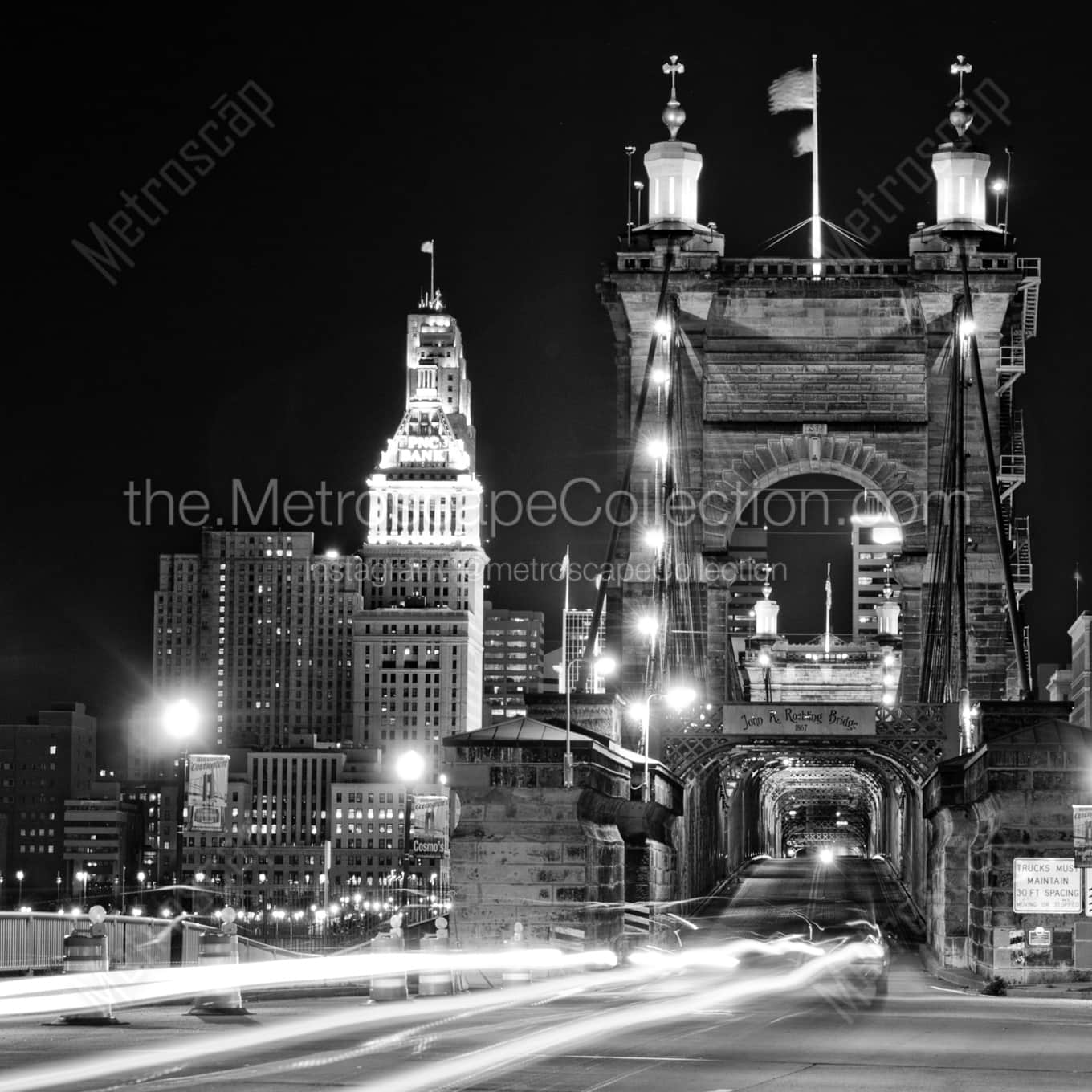 The Roebling Bridge and the Cincinnati Skyline at Night landscape black and white Photography The Roebling Bridge and the Cincinnati Skyline at Night landscape black and white Photography square crop