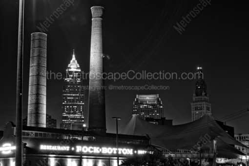 The Key Bank Building is Framed by Smoke Stacks from the Rock Bottom Brewery -- Cleveland Black and White Photography