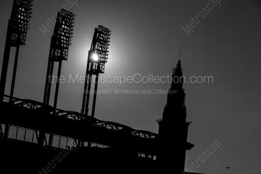 Cleveland Black and White Photography of The Sun Shining Through the Lights at Jacobs Field. The Sun Shining Through the Lights at Jacobs Field. -- Cleveland Black and White Photography