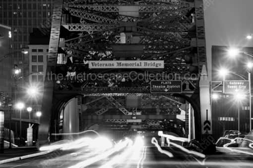 Veterans Memorial Bridge at Night -- Cleveland Black and White Photography
