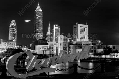 The Cleveland Skyline and Blimp over Progressive Field during the 2016 World Series -- Cleveland Black and White Photography