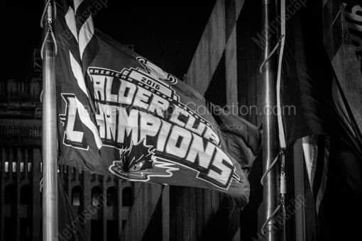 Cleveland Black and White Photography of The Cleveland Monsters Calder Cup Champions Flag outside the Q The Cleveland Monsters Calder Cup Champions Flag outside the Q -- Cleveland Black and White Photography