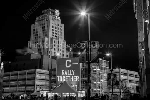 Cleveland Black and White Photography of The Big Rally Together Banner behind Left Field The Big Rally Together Banner behind Left Field -- Cleveland Black and White Photography