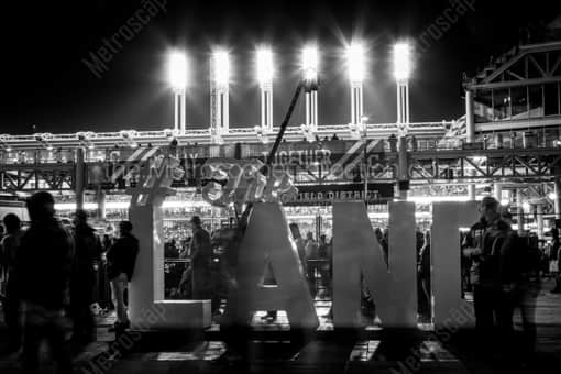 Cleveland Black and White Photography of The Land Social Media Sign behind Left Field of Progressive Field The Land Social Media Sign behind Left Field of Progressive Field -- Cleveland Black and White Photography