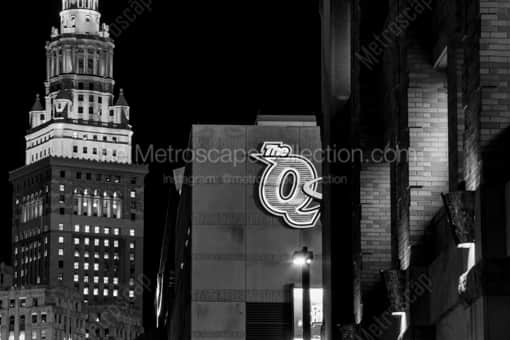 The Q and Terminal Tower at Night -- Cleveland Black and White Photography