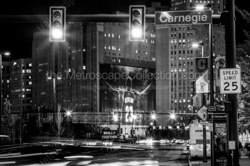 Cleveland Black and White Photography of Ontario Street at Carnegie Street at Night Ontario Street at Carnegie Street at Night -- Cleveland Black and White Photography