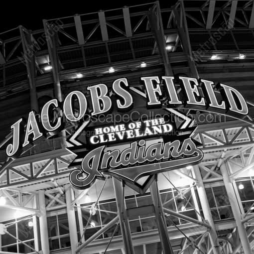 Matte Black WOOD Framed Black and White Cleveland Photograph: The Jacobs Field Sign in a Square Matte Black Wood Frame