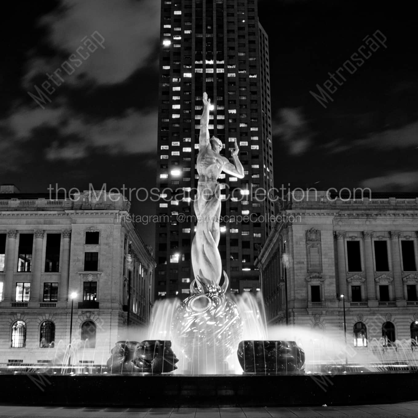 The War Memorial Fountain Outside of the Key Bank Building in Cleveland landscape black and white Photography square crop