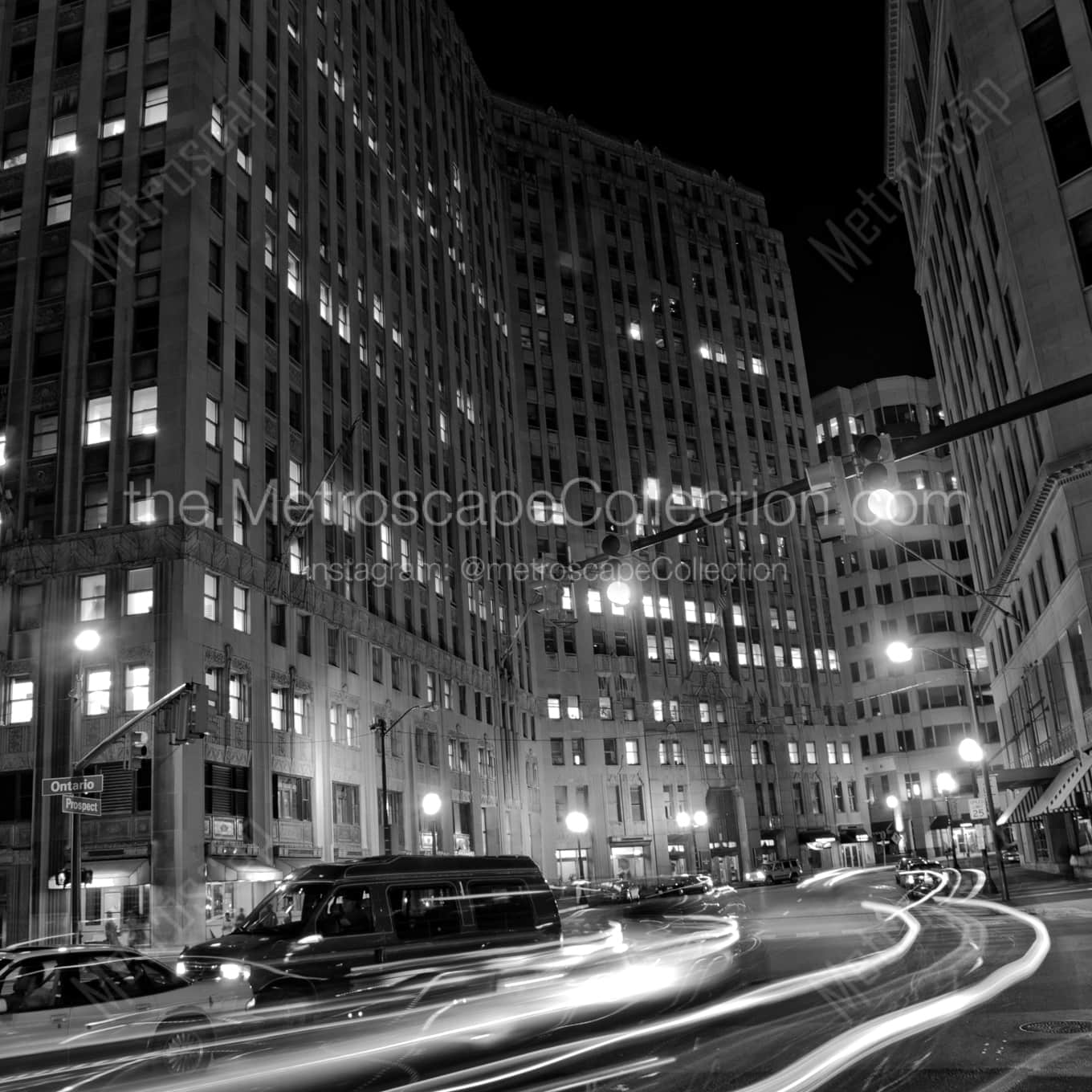 Traffic at Prospect and Ontario in Downtown Cleveland landscape black and white Photography square crop