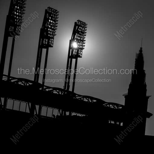 Matte Black WOOD Framed Black and White Cleveland Photograph: The Sun Shining Through the Lights at Jacobs Field. in a Square Matte Black Wood Frame