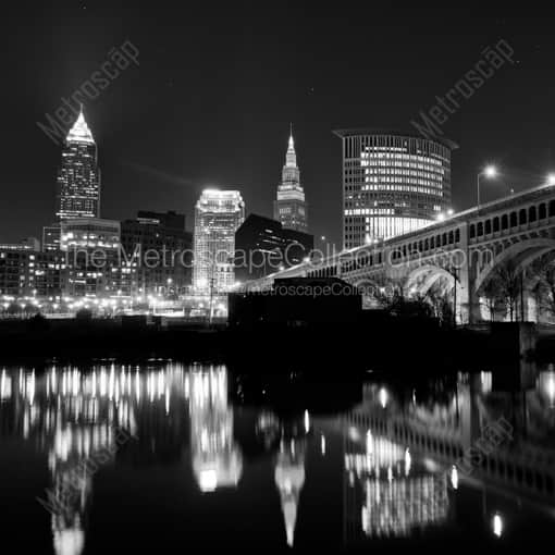 Matte Black WOOD Framed Black and White Cleveland Photograph: The Cleveland Skyline with Illuminated Terminal Tower in a Square Matte Black Wood Frame