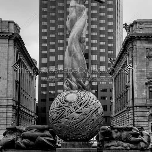 Matte Black WOOD Framed Black and White Cleveland Photograph: The Fountain of Eternal Life in a Square Matte Black Wood Frame