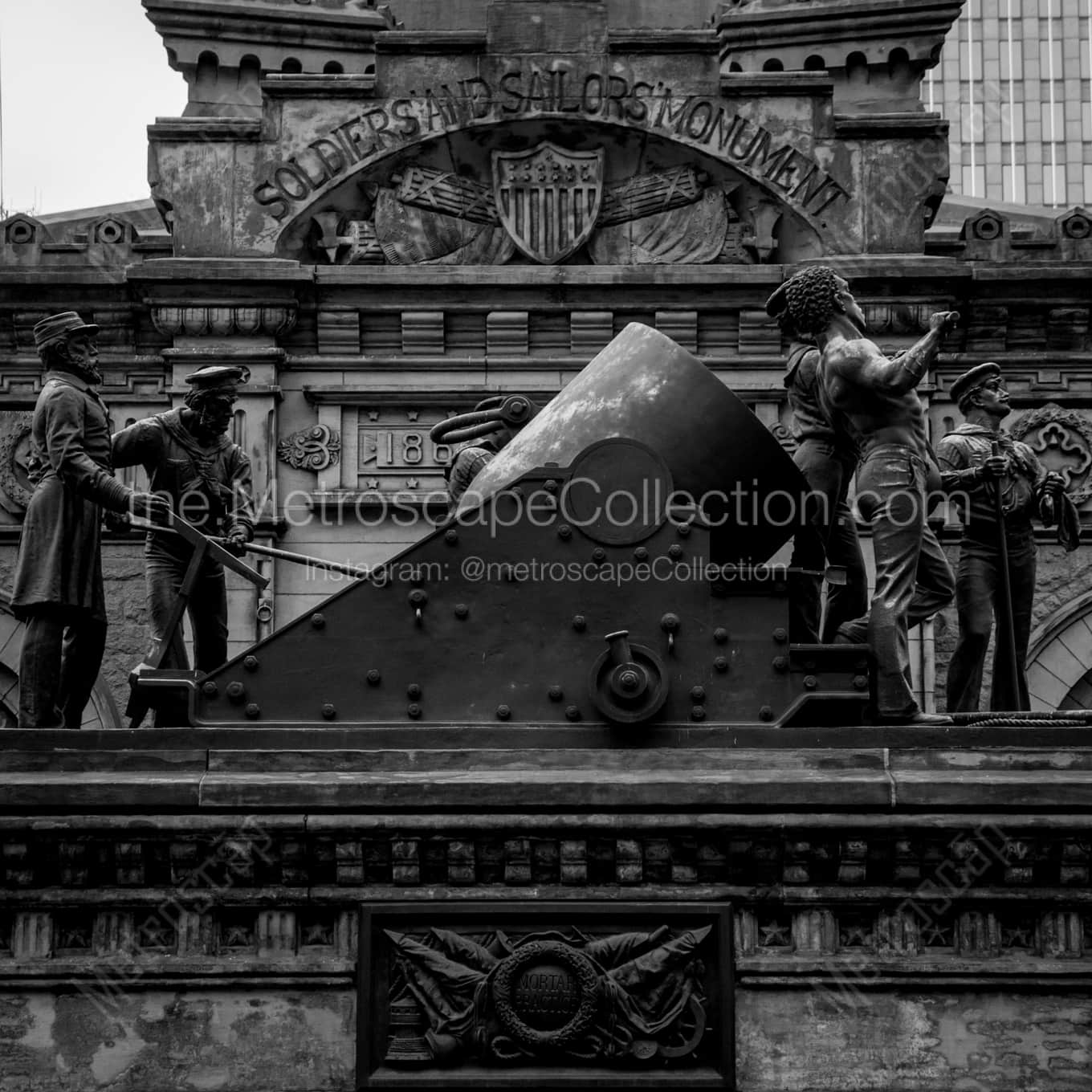 The Mortar Statue on the Soldiers and Sailors Monument landscape black and white Photography square crop